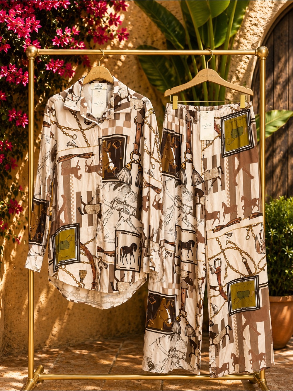 Made in Italy Brown & Cream Equestrian Print Button Down & Pants Set OS